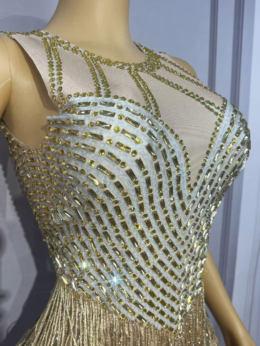 CELESINYI Piaoliu Crystal Gold Fringe Mini Dress