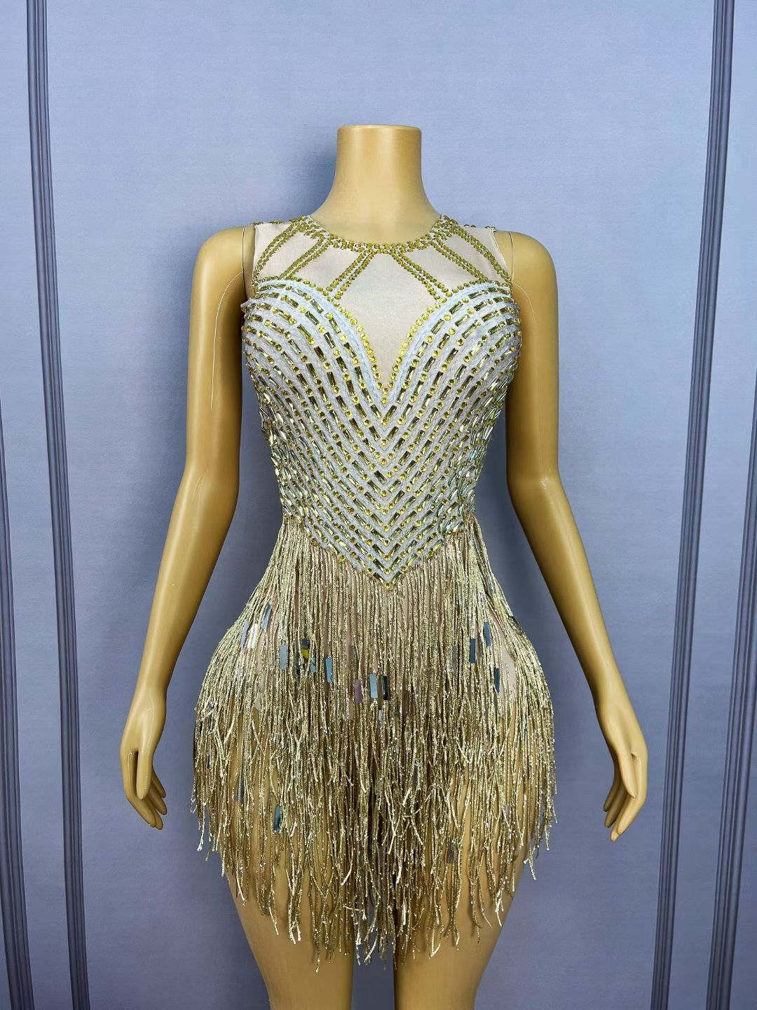 CELESINYI Piaoliu Crystal Gold Fringe Mini Dress