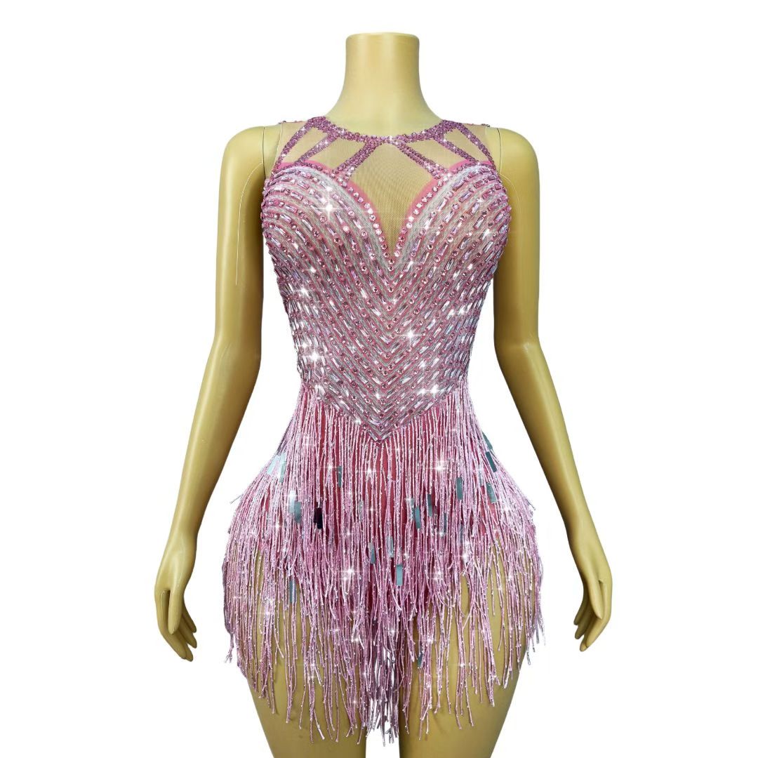 CELESINYI Piaoliu Crystal Pink Fringe Mini Dress