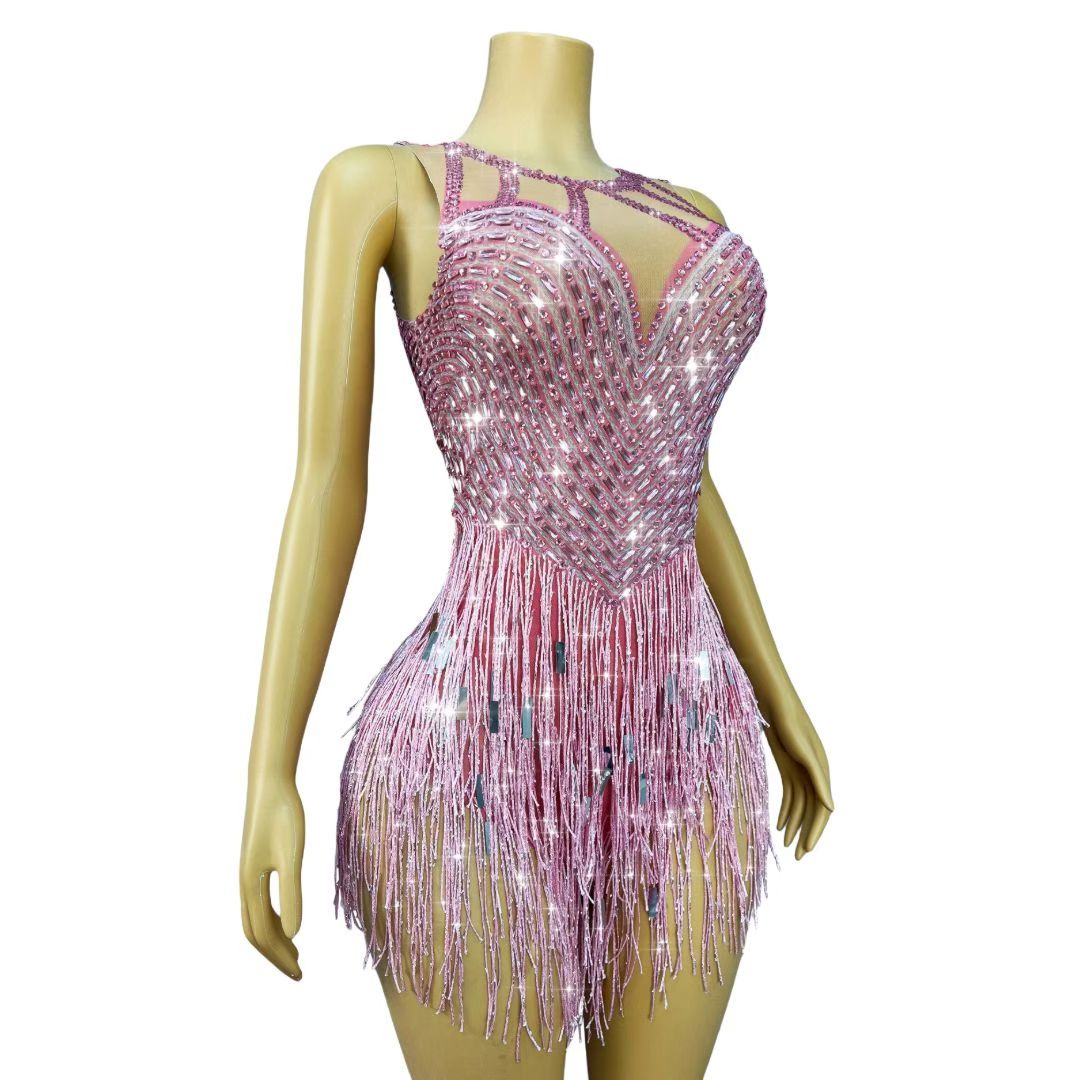 CELESINYI Piaoliu Crystal Pink Fringe Mini Dress