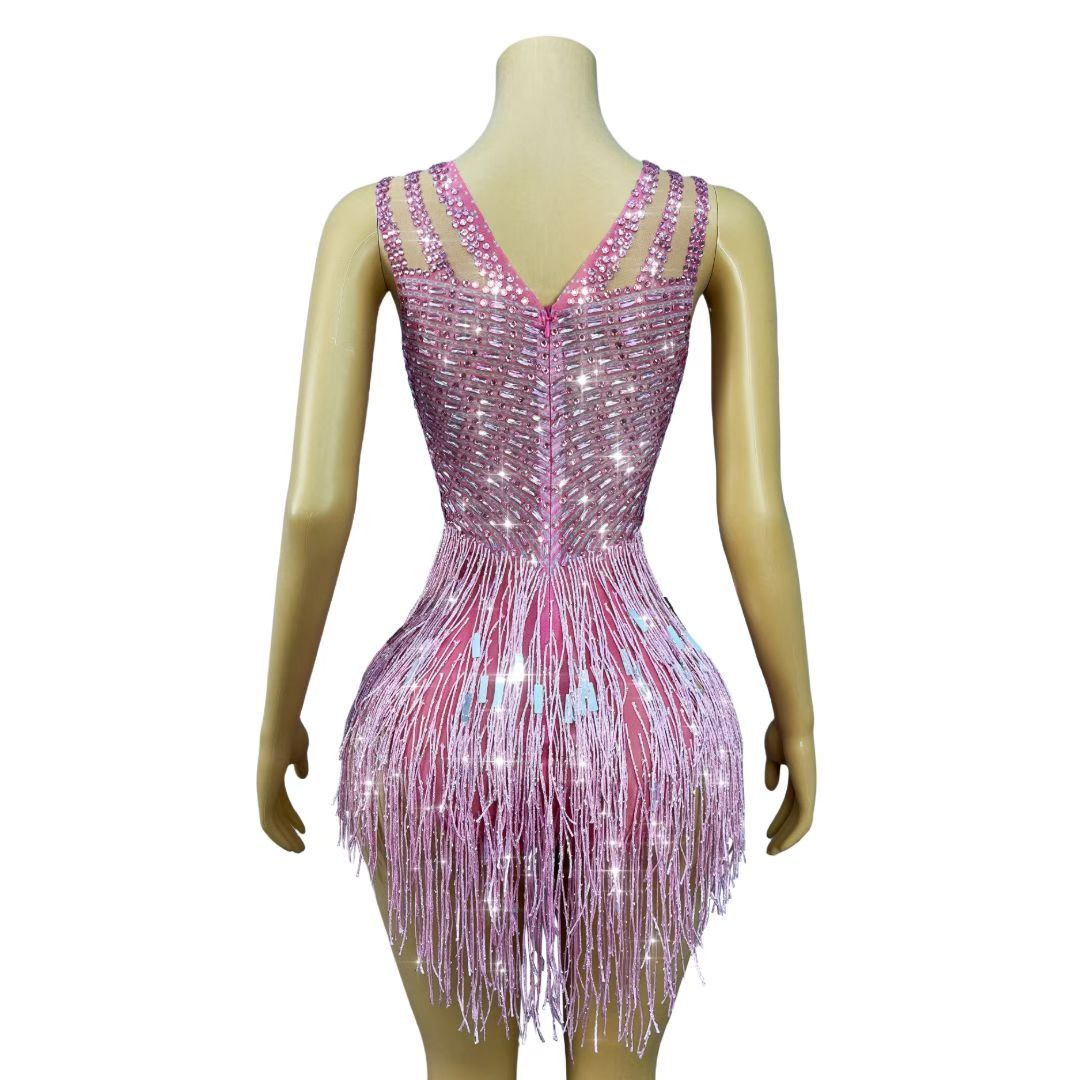 CELESINYI Piaoliu Crystal Pink Fringe Mini Dress