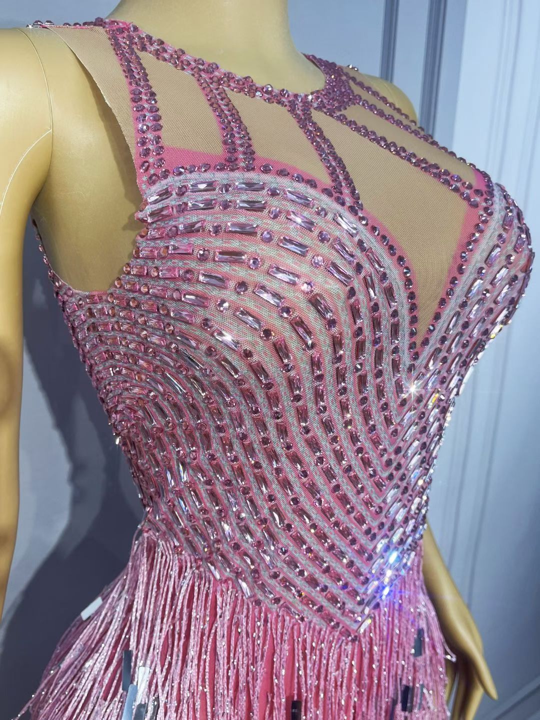 CELESINYI Piaoliu Crystal Pink Fringe Mini Dress