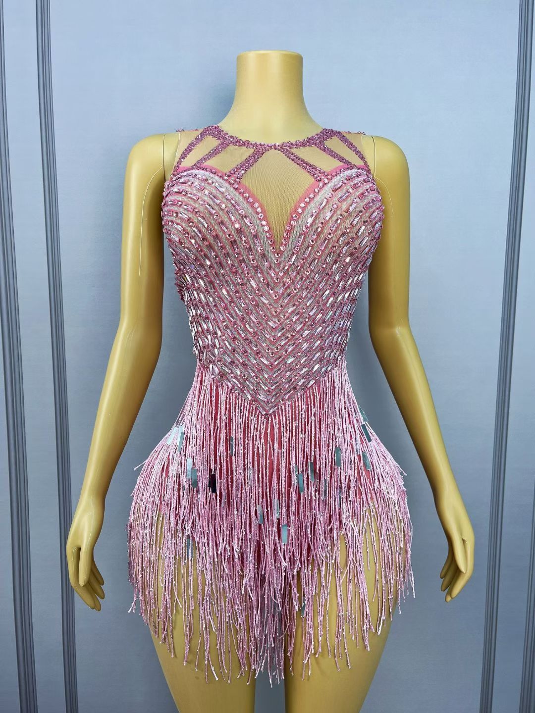 CELESINYI Piaoliu Crystal Pink Fringe Mini Dress