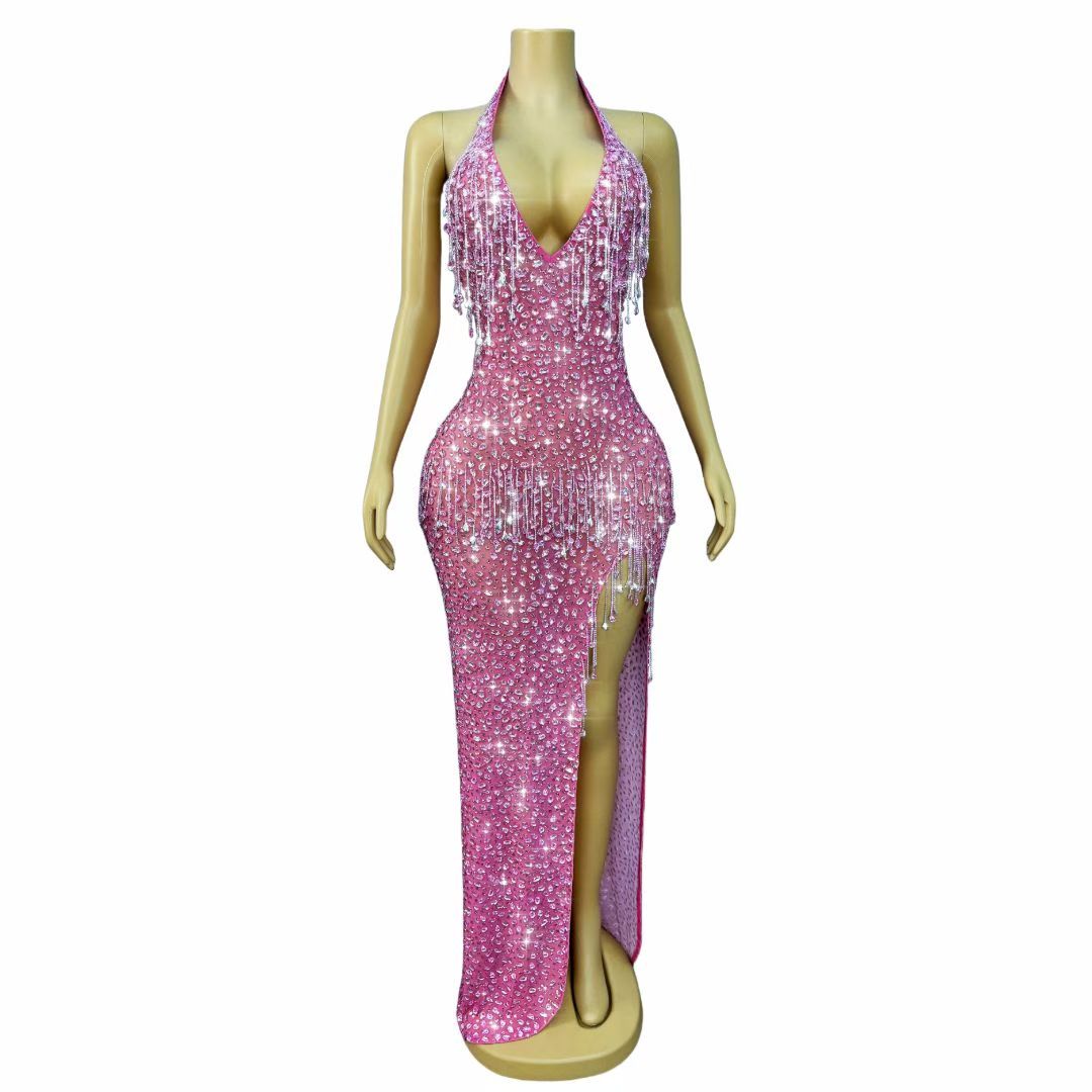 CELESINYI Wulongweibo Crystal Fringe Halter Gown