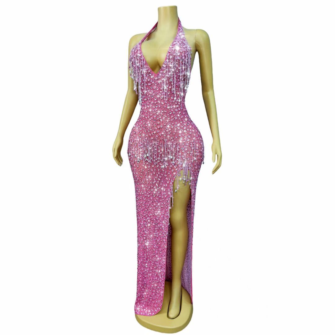 CELESINYI Wulongweibo Crystal Fringe Halter Gown
