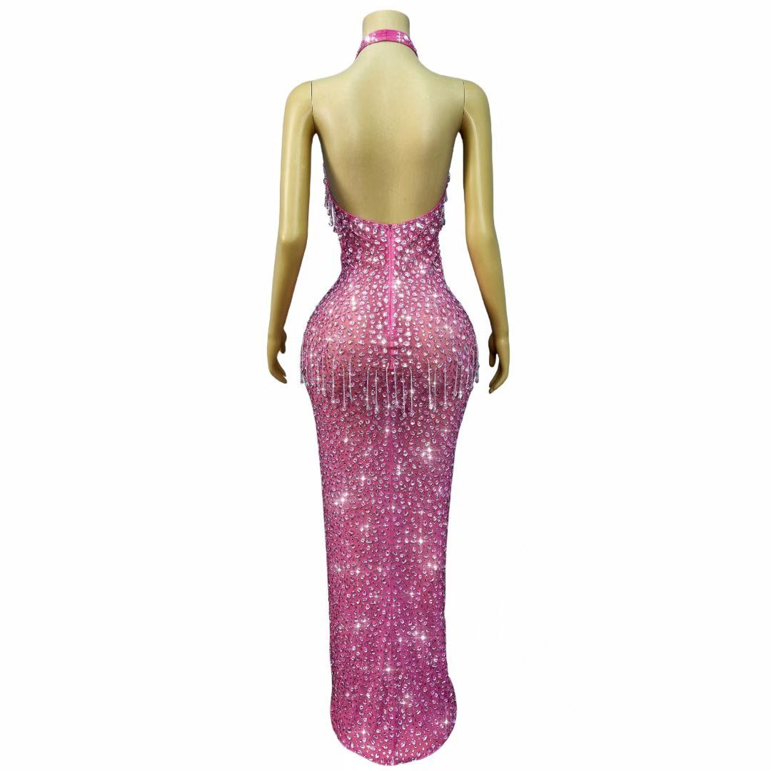 CELESINYI Wulongweibo Crystal Fringe Halter Gown