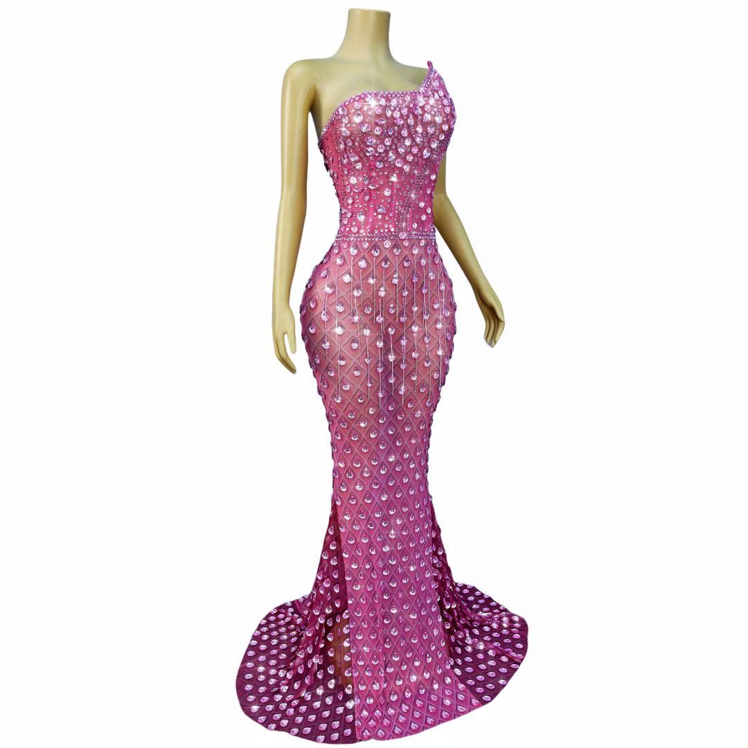 CELESINYI Wushe Crystal Pink Mermaid Gown