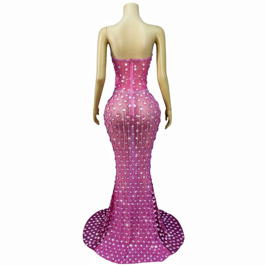 CELESINYI Wushe Crystal Pink Mermaid Gown