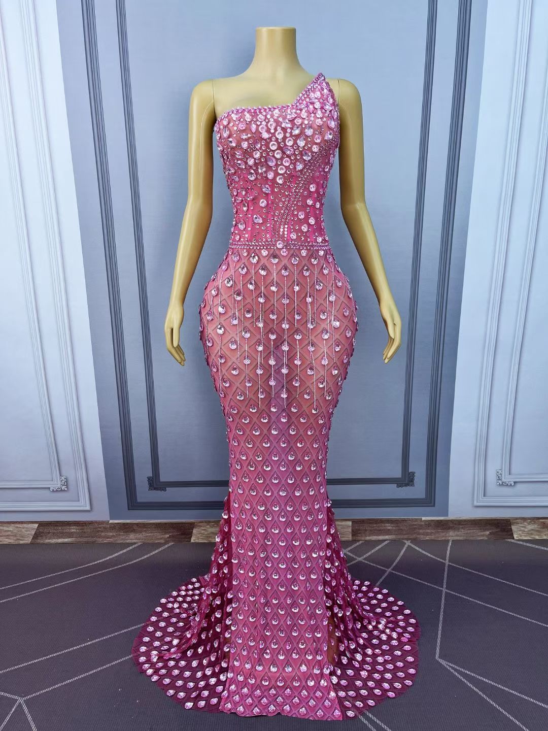 CELESINYI Wushe Crystal Pink Mermaid Gown