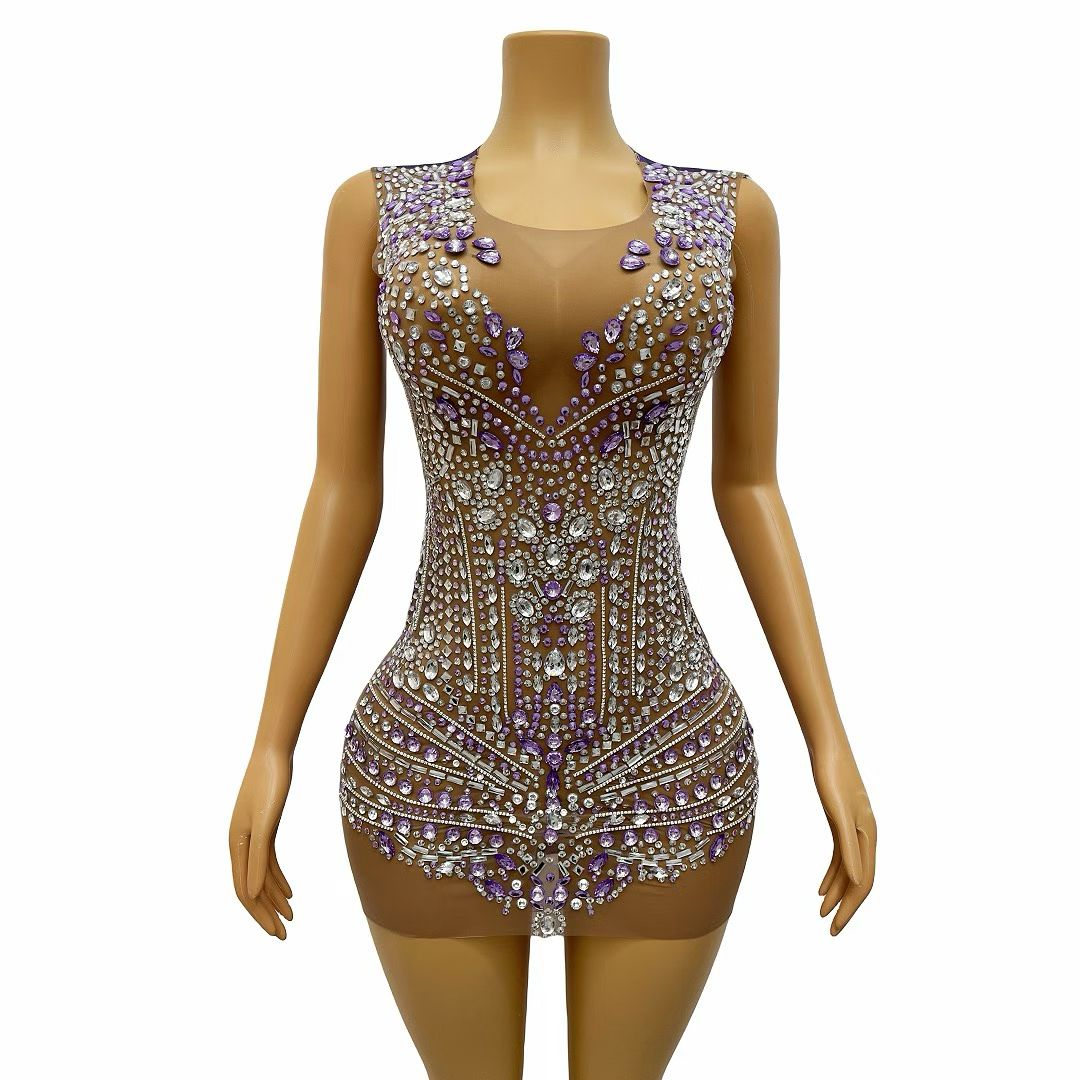 CELESINYI Baixue Crystal Silver Lavender Mini Dress