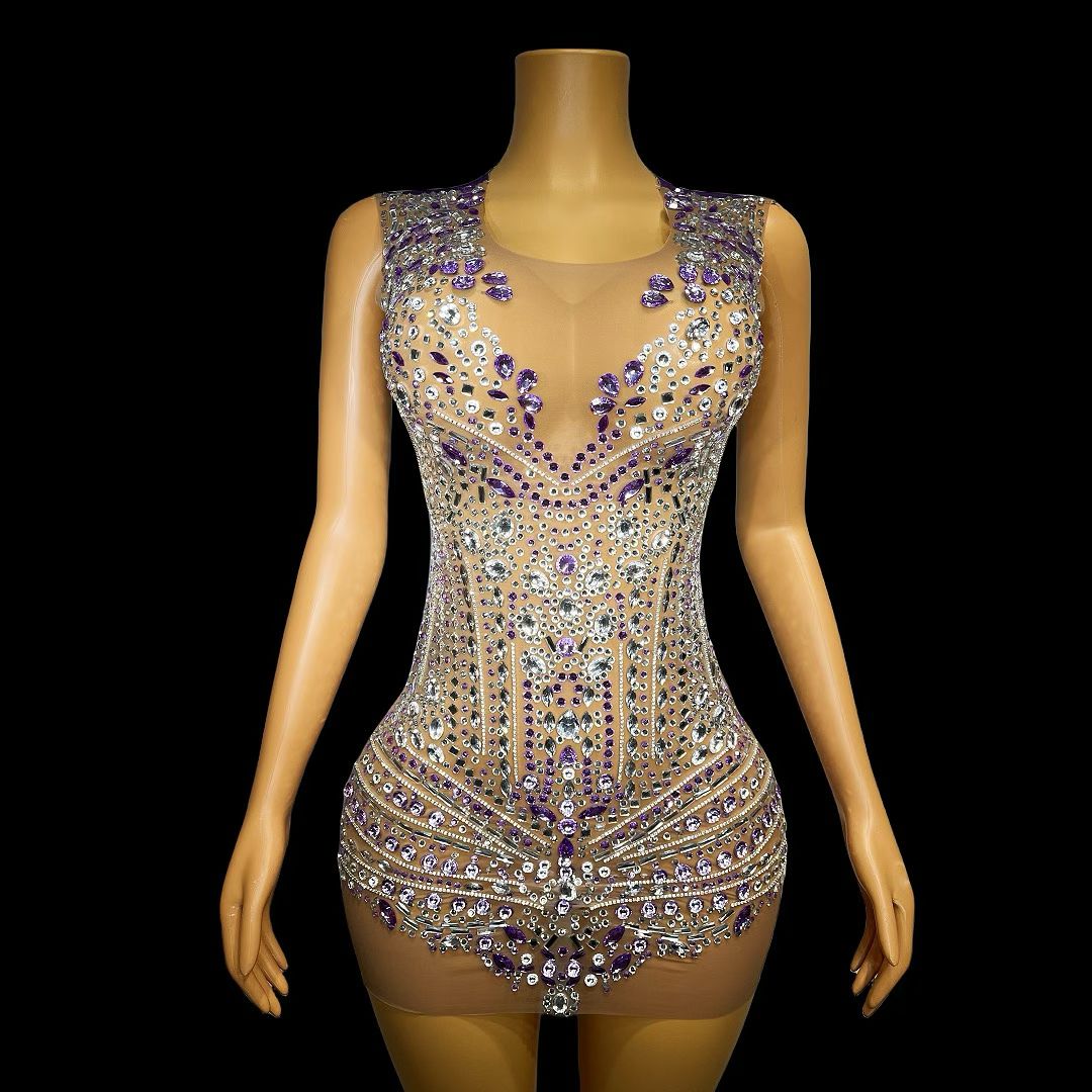 CELESINYI Baixue Crystal Silver Lavender Mini Dress