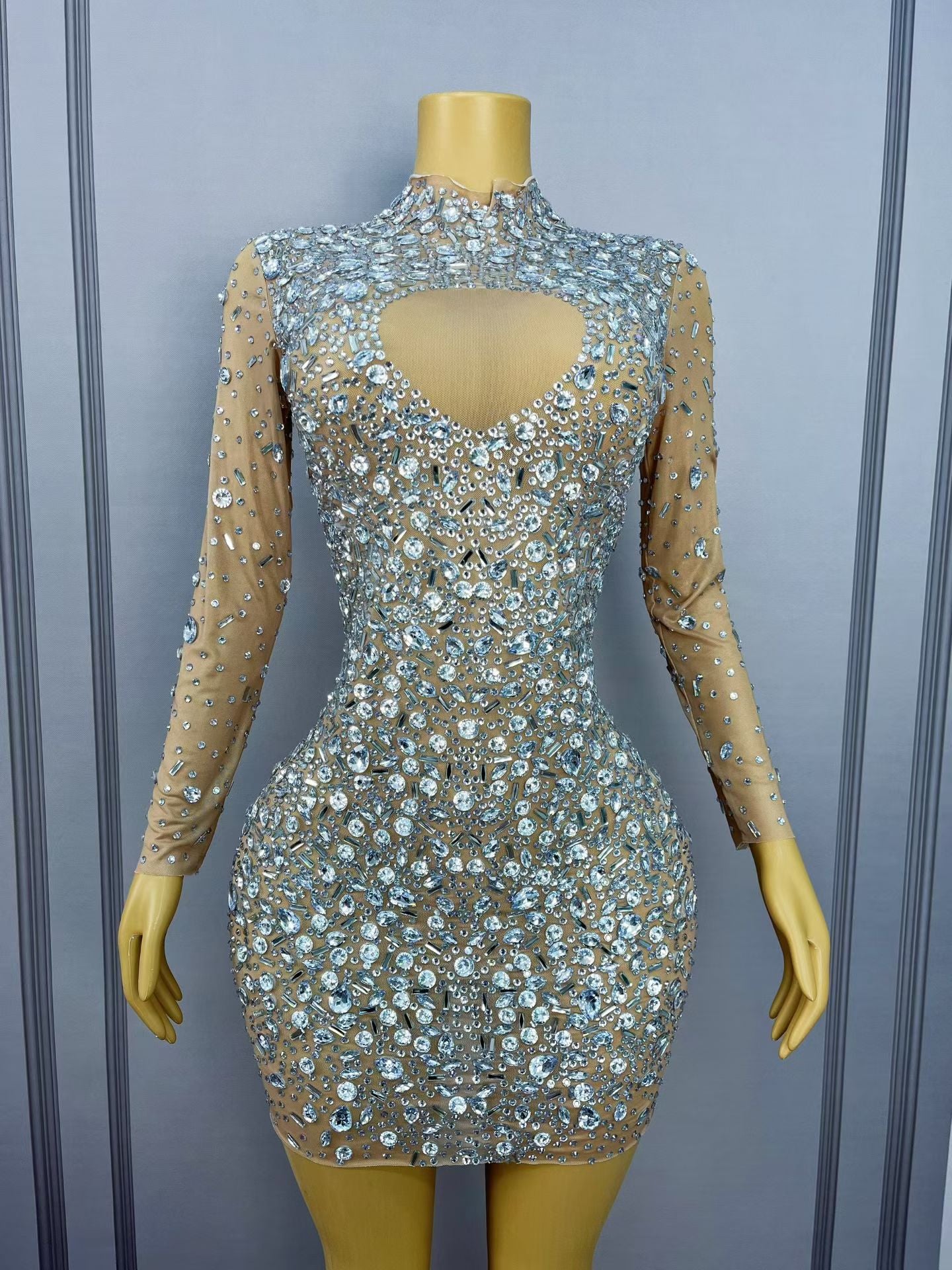 CELESINYI Cuican Crystal Skin Long Sleeve Mini Dress