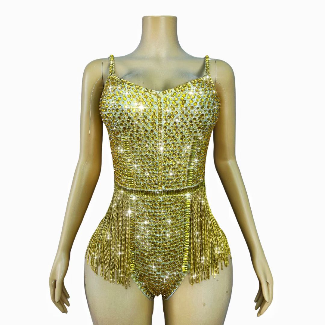 CELESINYI Zhizun Crystal Gold Fringe Bodysuit