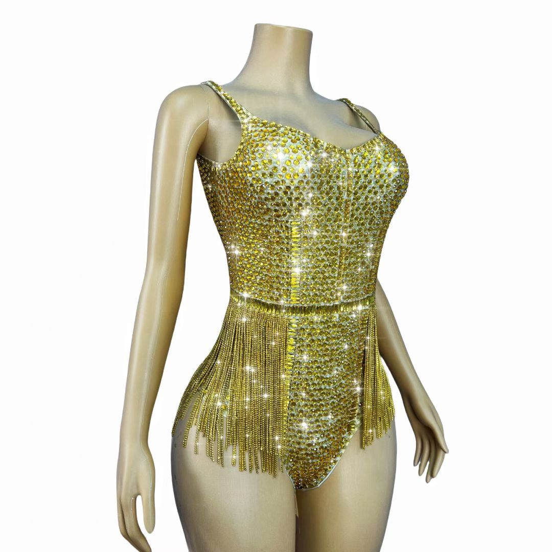 CELESINYI Zhizun Crystal Gold Fringe Bodysuit