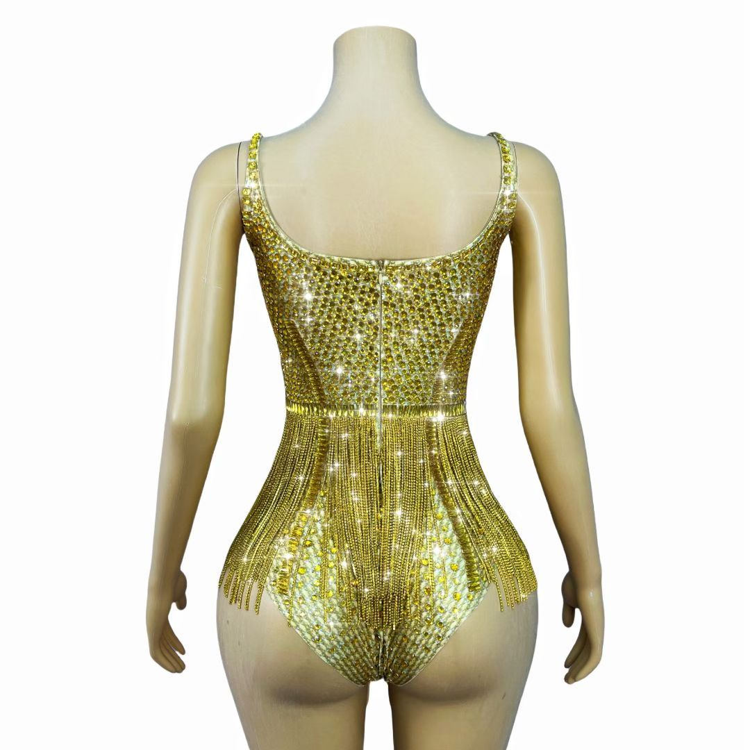 CELESINYI Zhizun Crystal Gold Fringe Bodysuit