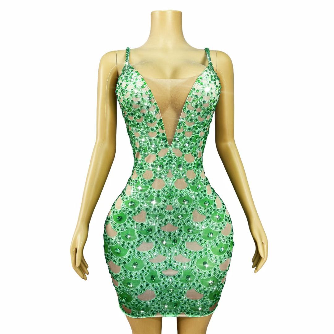 CELESINYI Zulvdan Crystal Emerald Scale Mini Dress