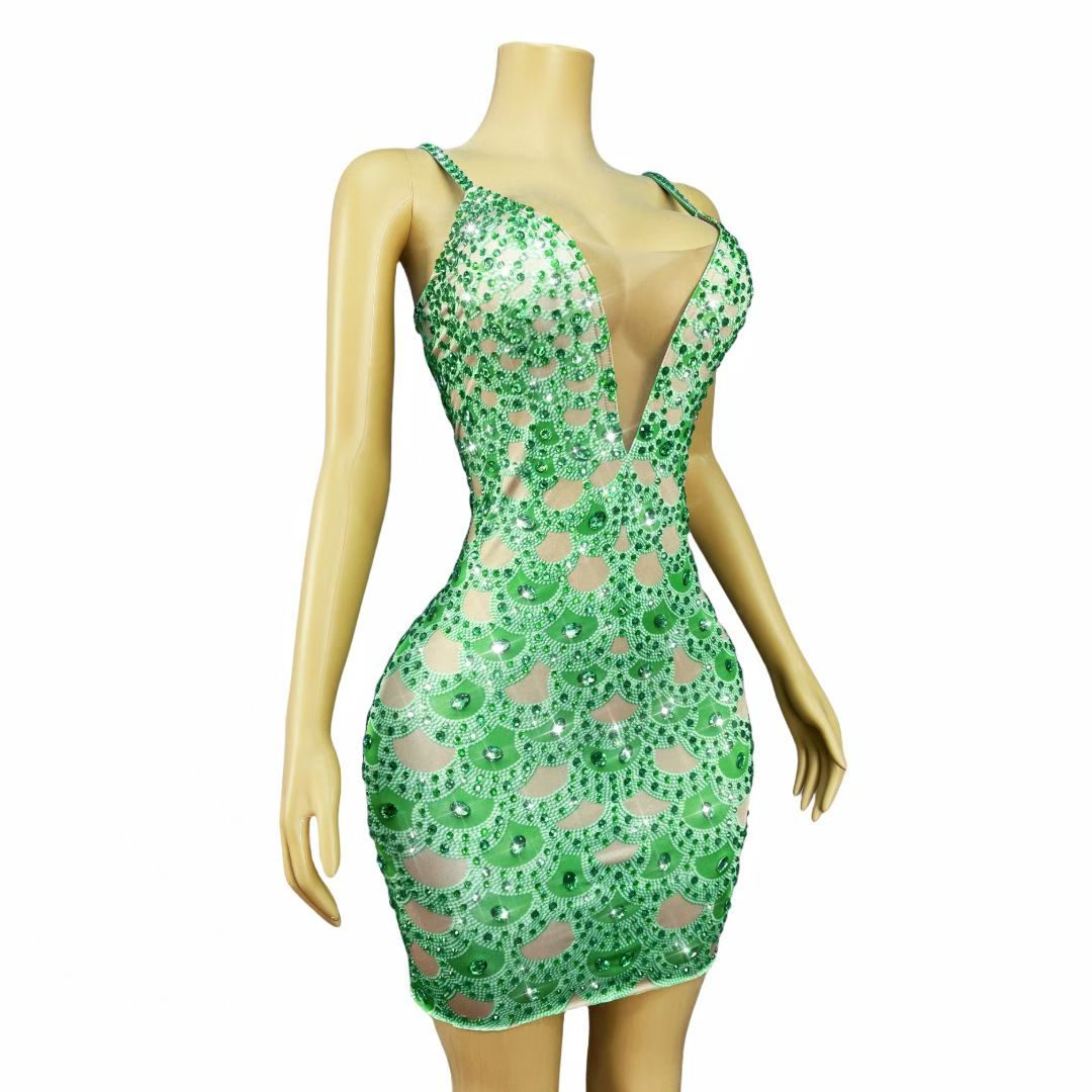 CELESINYI Zulvdan Crystal Emerald Scale Mini Dress