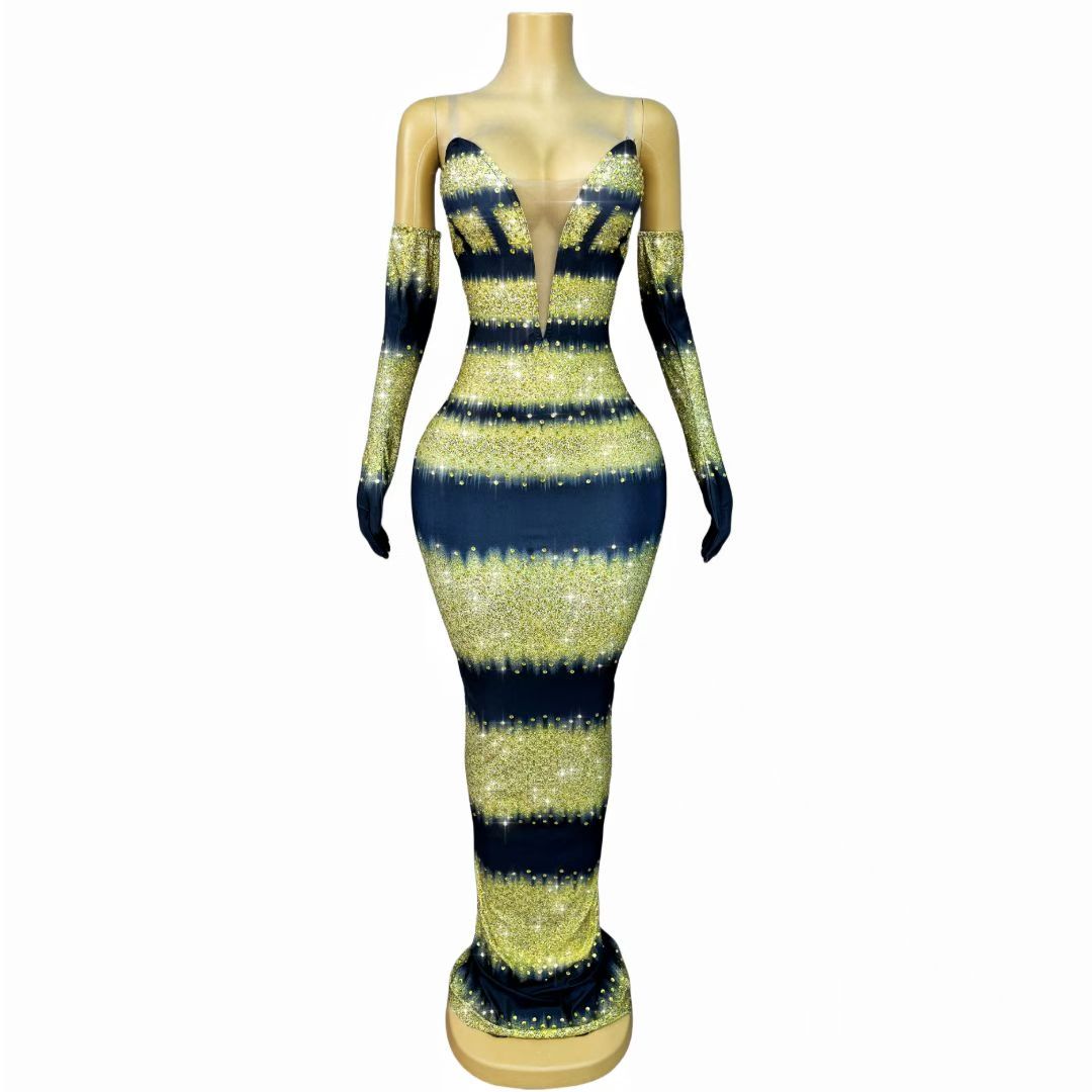 CELESINYI Heijinbo Crystal Gold Stripe Glove Gown