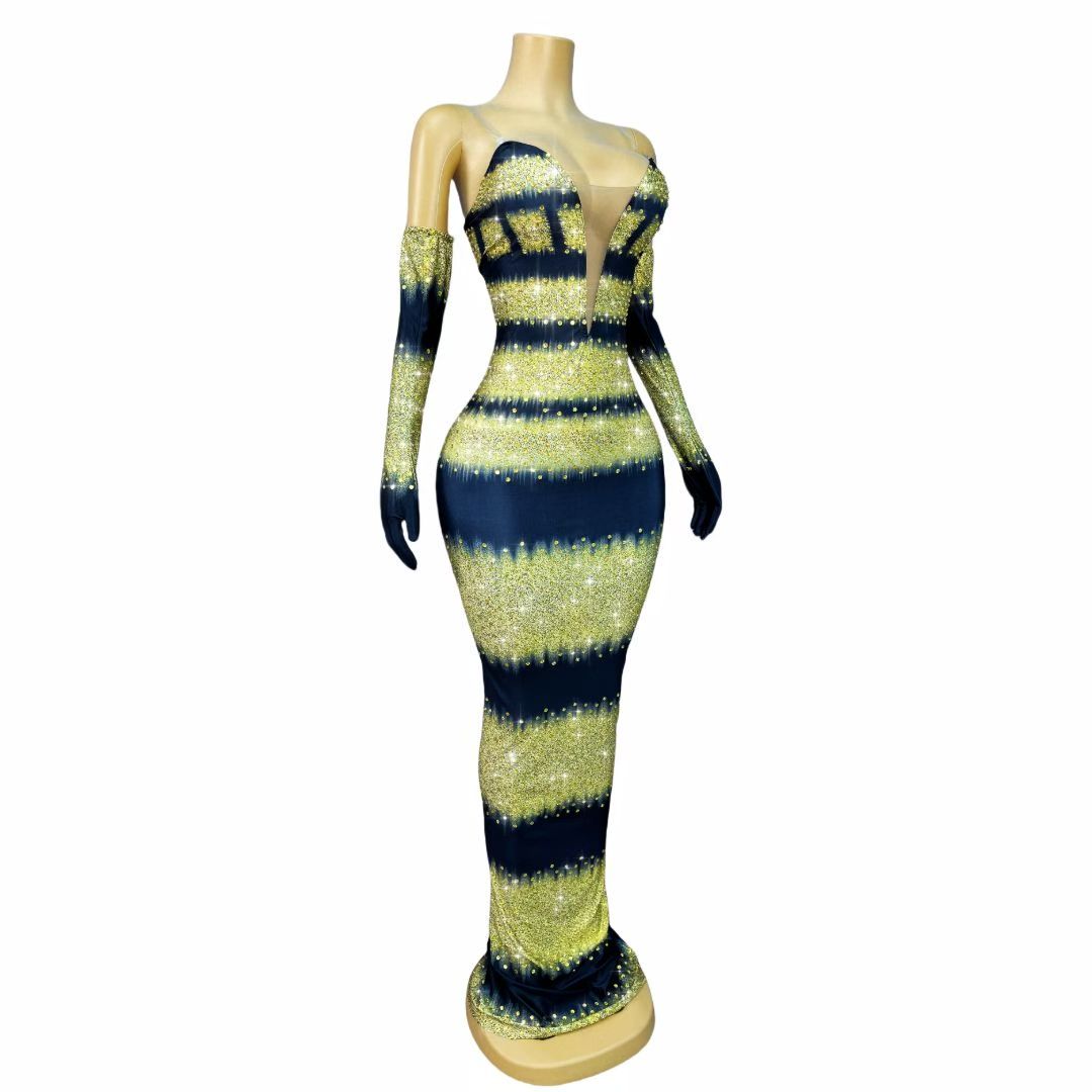 CELESINYI Heijinbo Crystal Gold Stripe Glove Gown