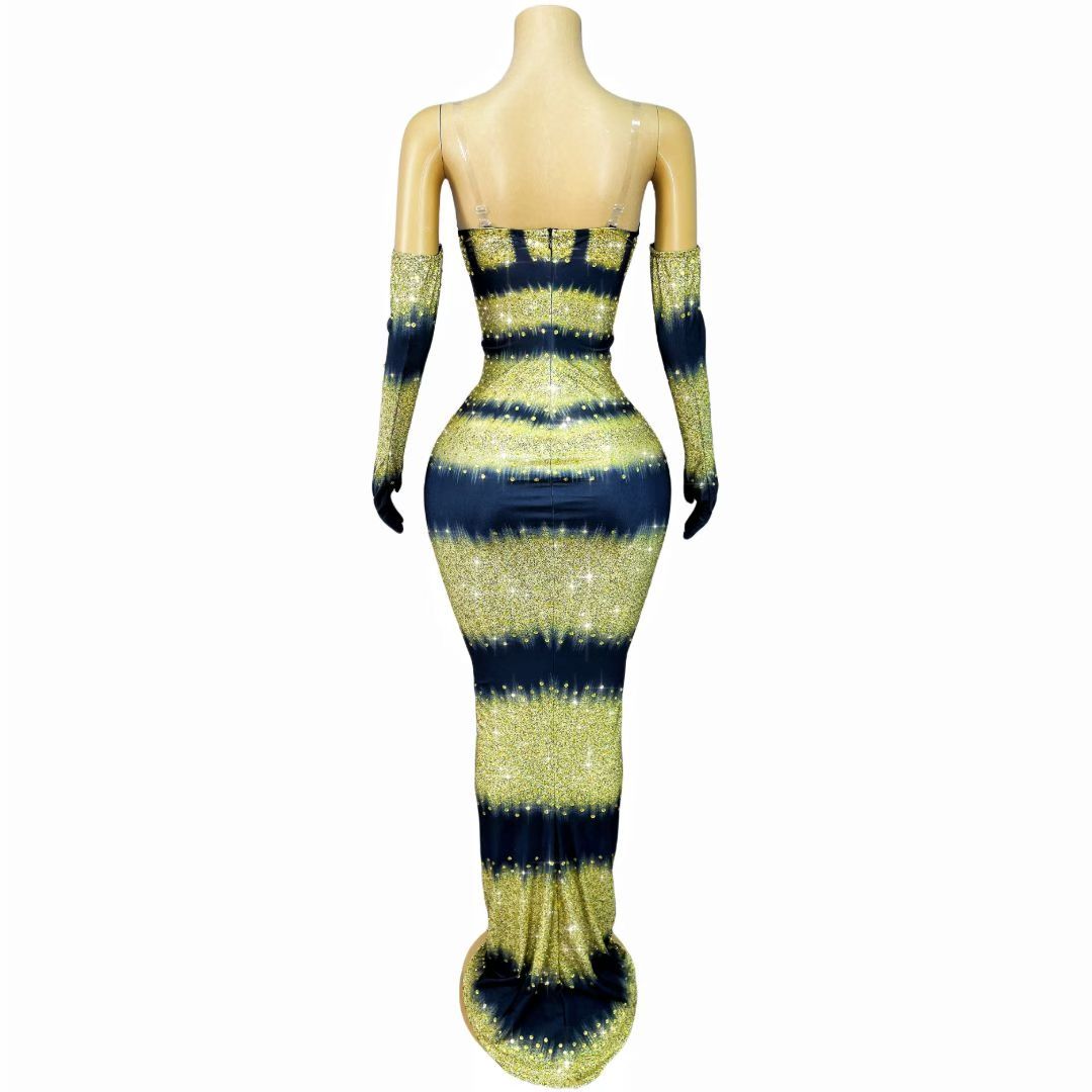 CELESINYI Heijinbo Crystal Gold Stripe Glove Gown