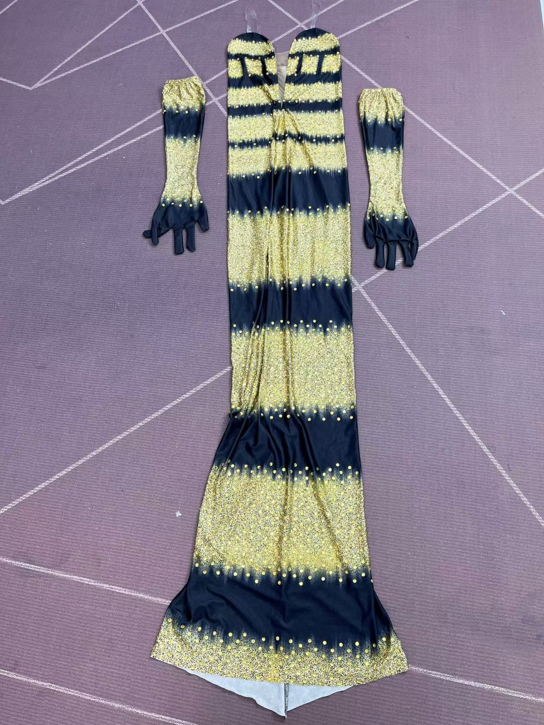 CELESINYI Heijinbo Crystal Gold Stripe Glove Gown
