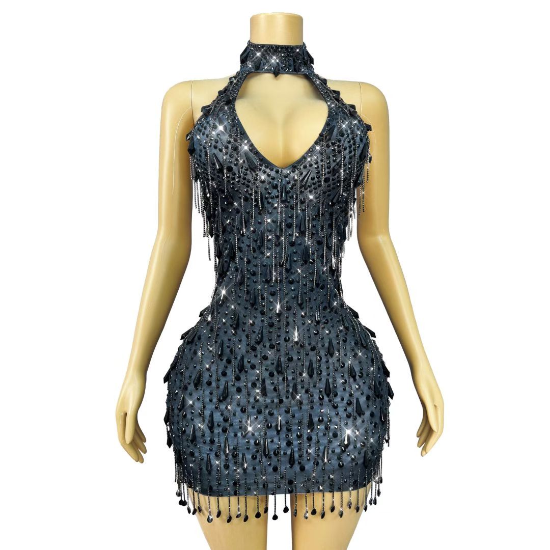 CELESINYI Hadisi Crystal Black Pearl Fringe Mini Dress