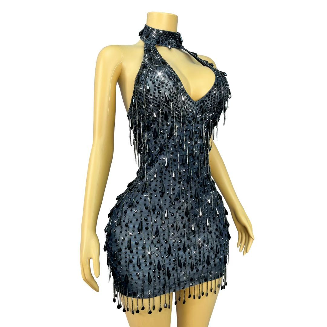CELESINYI Hadisi Crystal Black Pearl Fringe Mini Dress