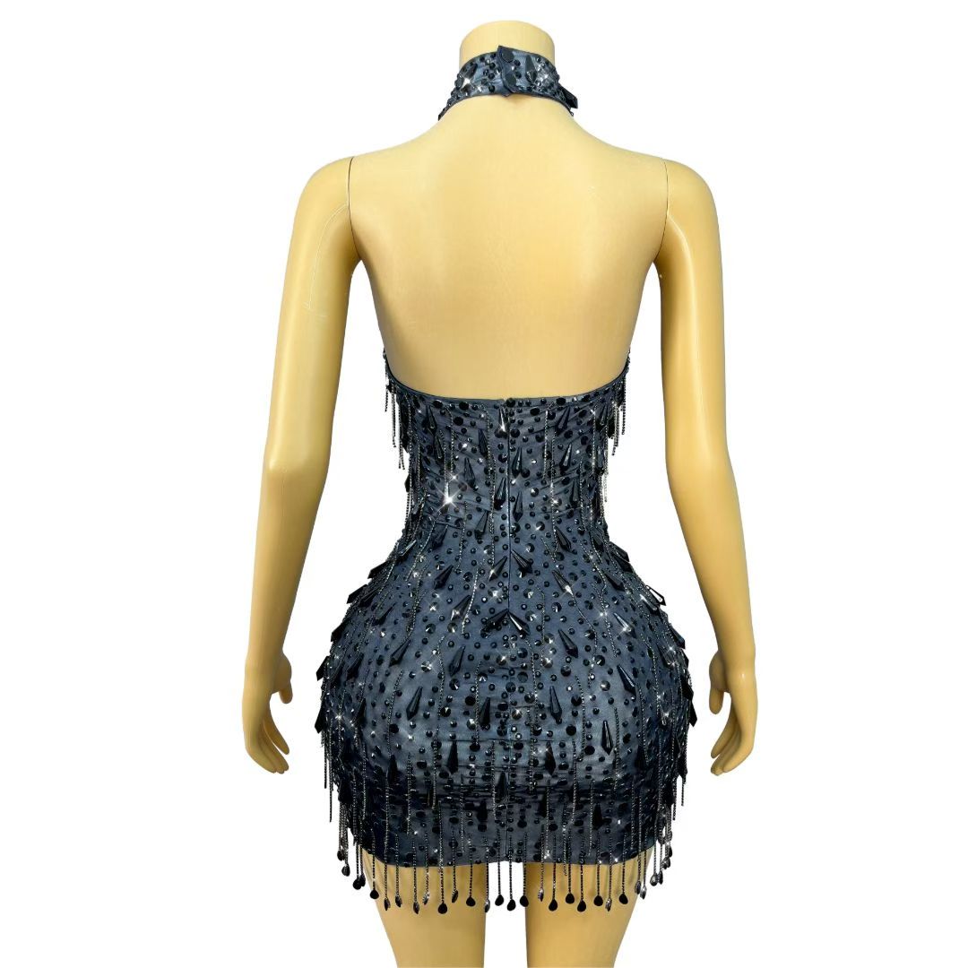 CELESINYI Hadisi Crystal Black Pearl Fringe Mini Dress
