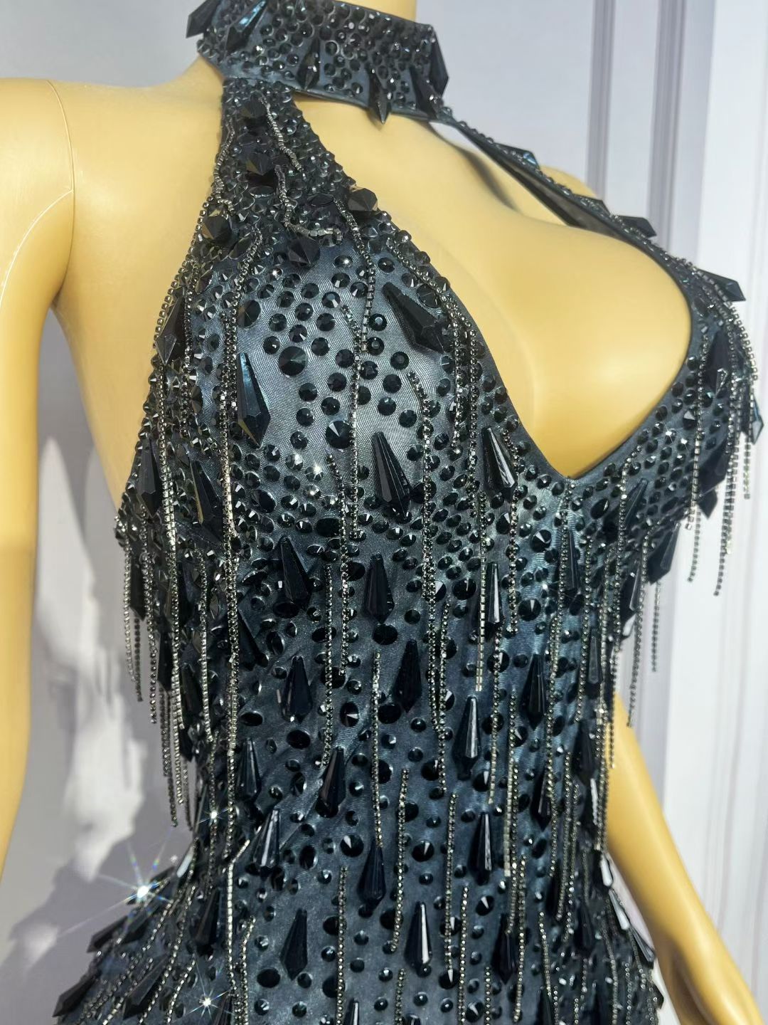 CELESINYI Hadisi Crystal Black Pearl Fringe Mini Dress