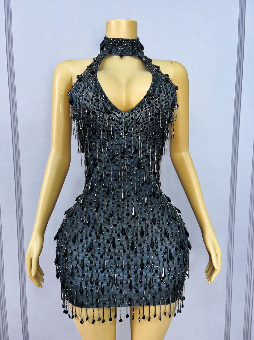 CELESINYI Hadisi Crystal Black Pearl Fringe Mini Dress