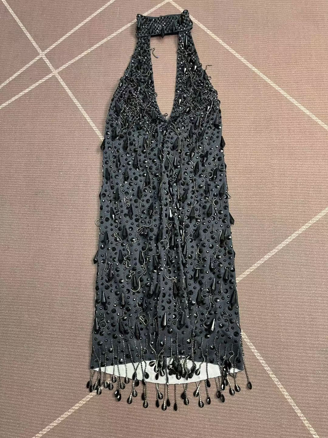 CELESINYI Hadisi Crystal Black Pearl Fringe Mini Dress