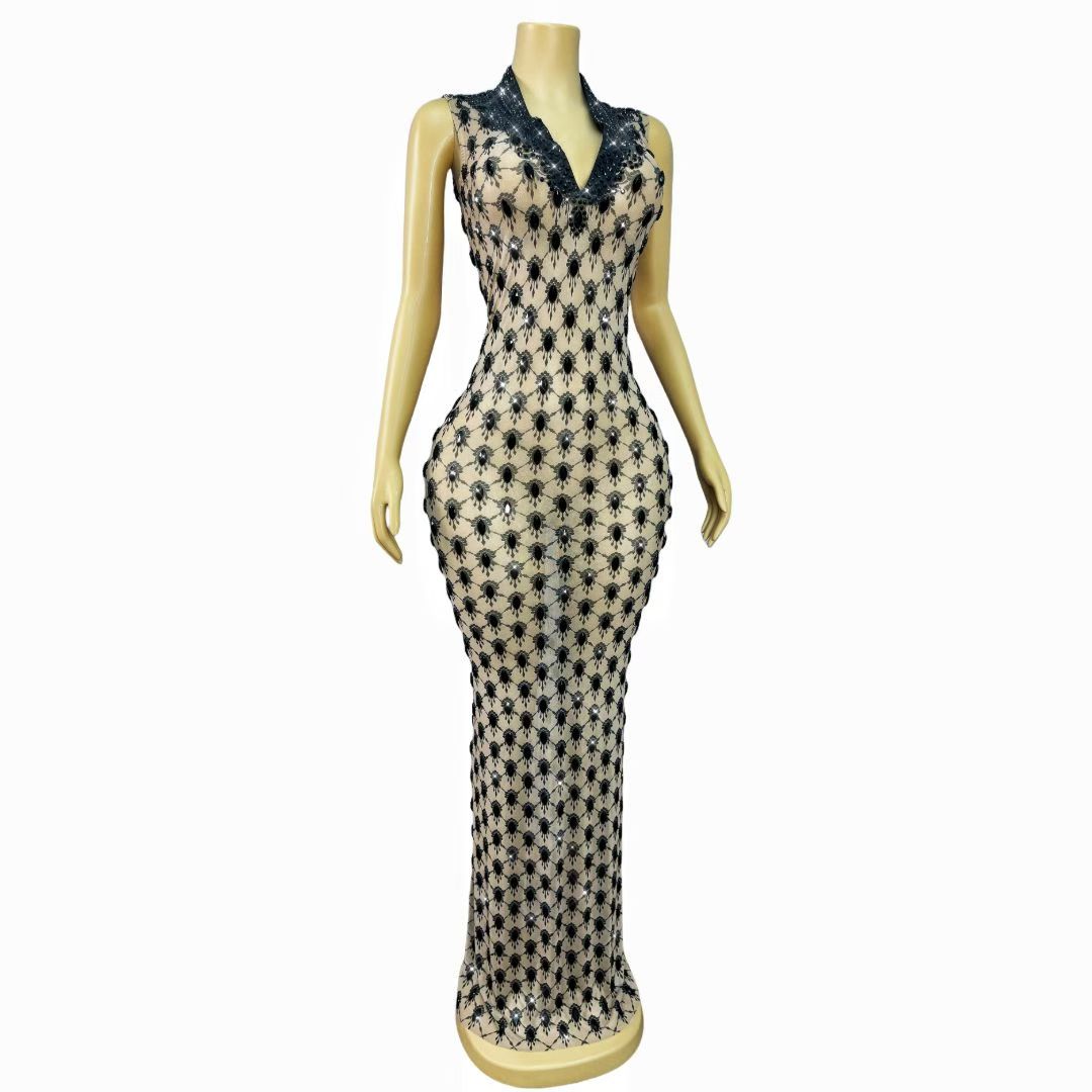 CELESINYI Duotianshi Crystal Black Lattice Illusion Gown