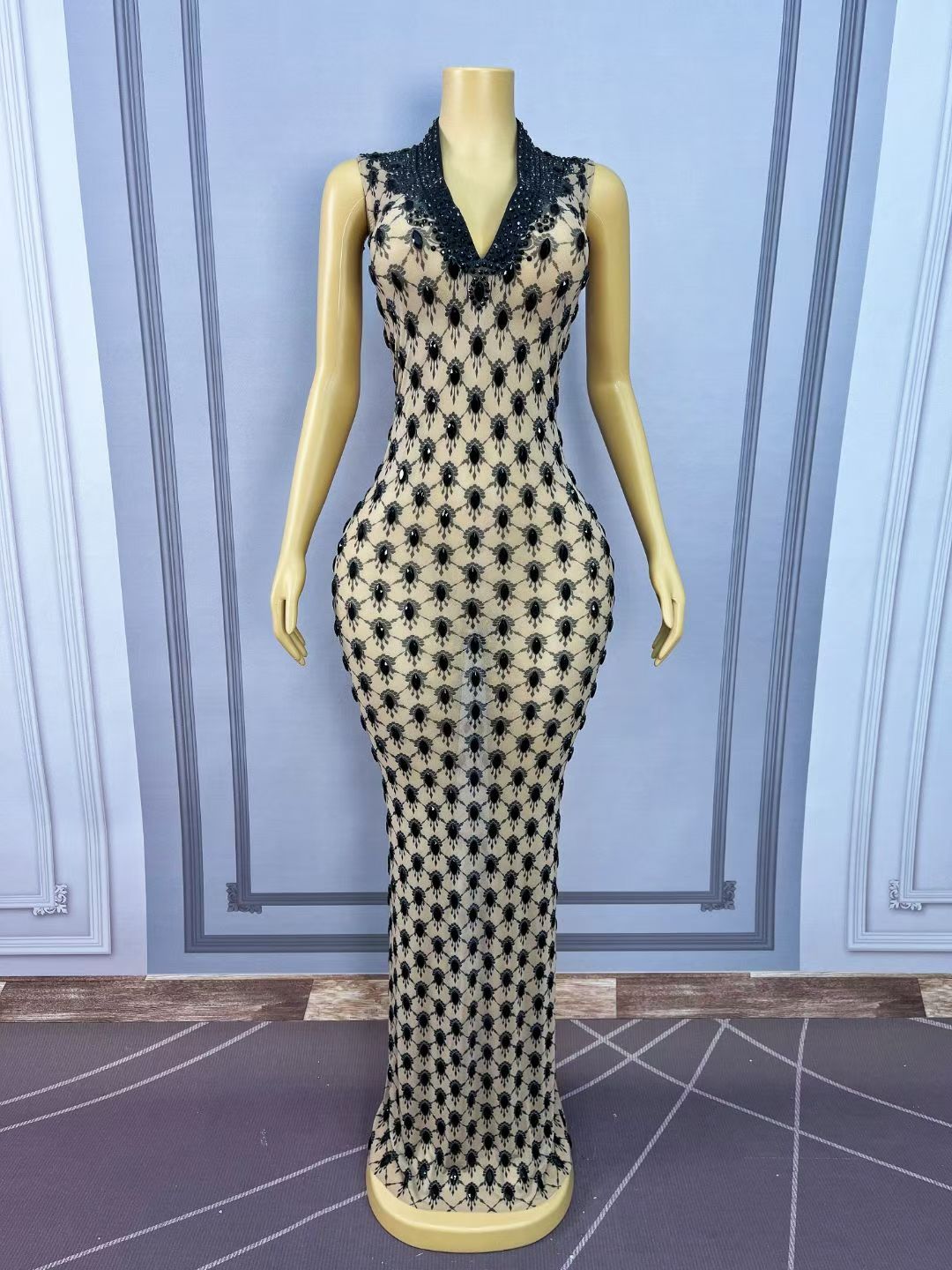 CELESINYI Duotianshi Crystal Black Lattice Illusion Gown