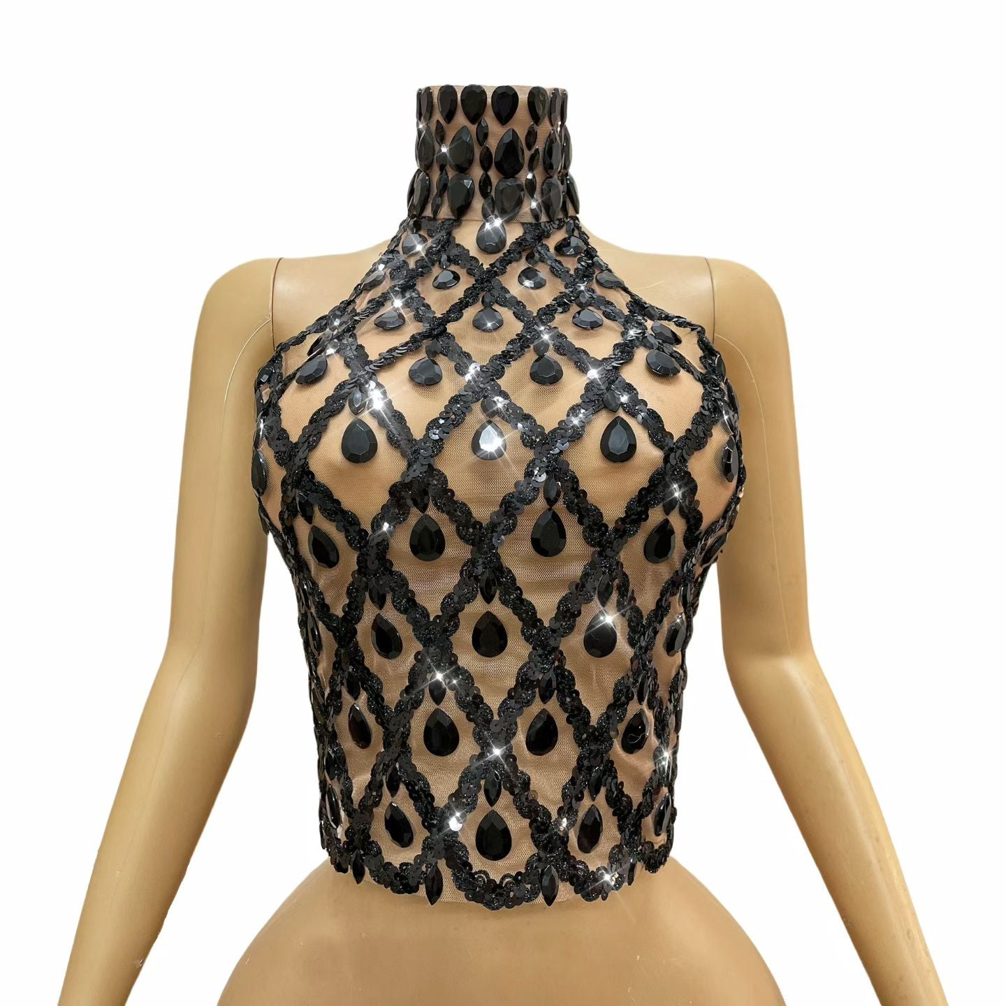 CELESINYI Shaokaoji Crystal Grid Crop Top (Nude Black)