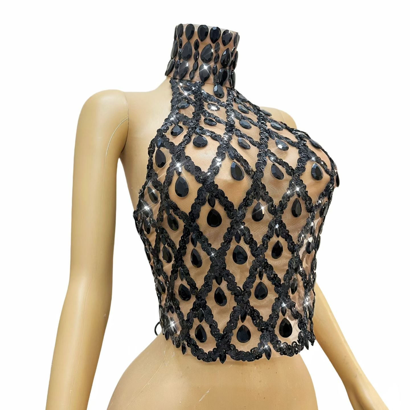 CELESINYI Shaokaoji Crystal Grid Crop Top (Nude Black)