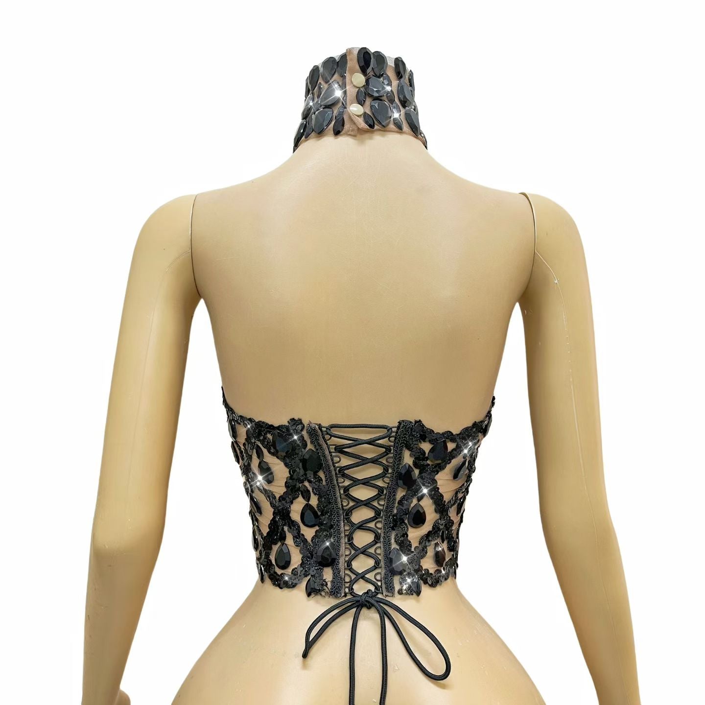 CELESINYI Shaokaoji Crystal Grid Crop Top (Nude Black)