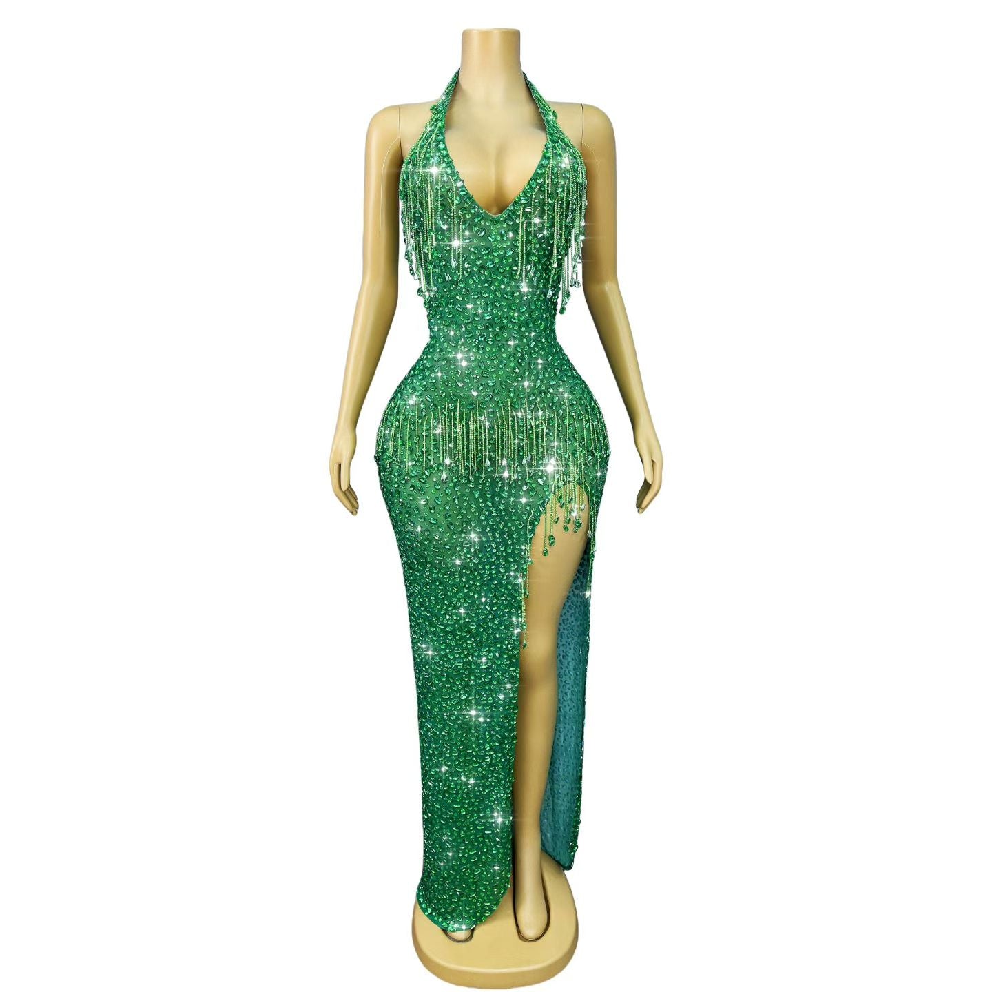 CELESINYI Wulongweibo Crystal Fringe Halter Gown