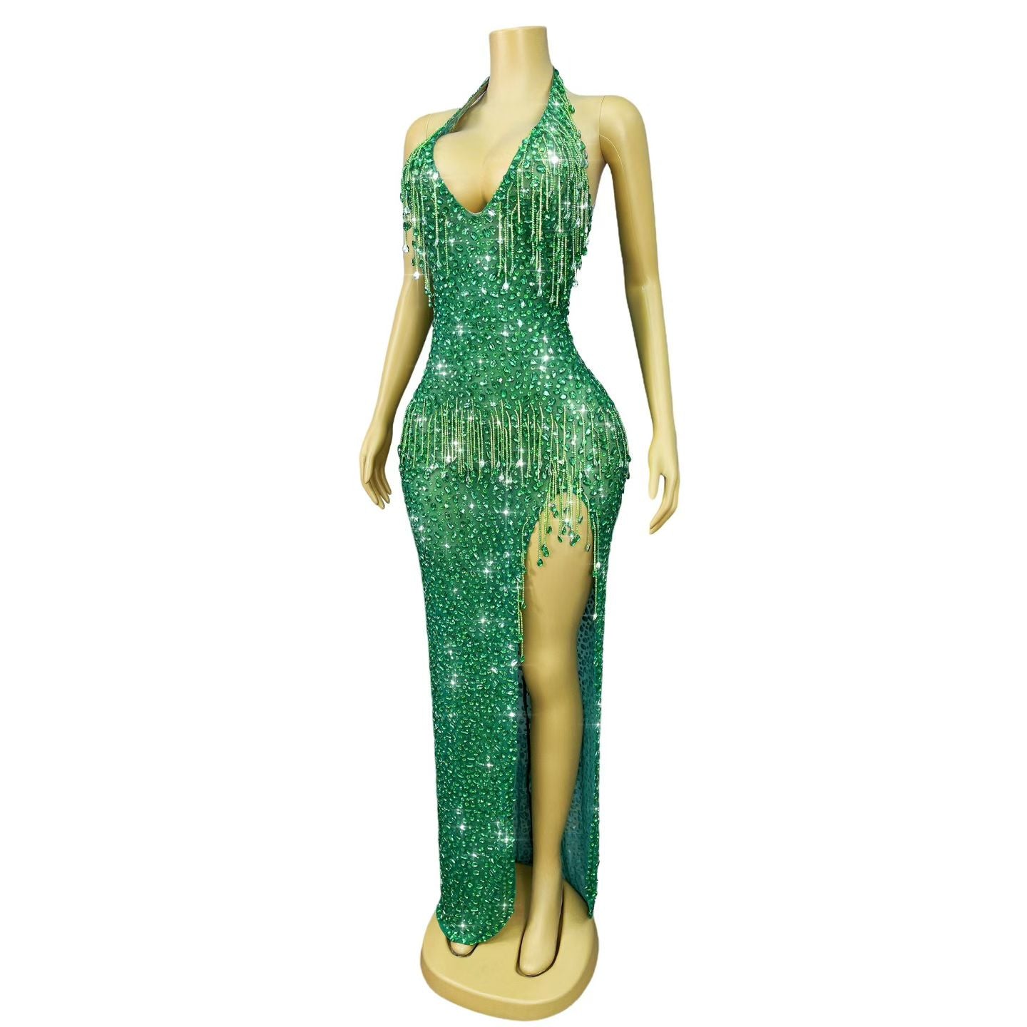 CELESINYI Wulongweibo Crystal Fringe Halter Gown