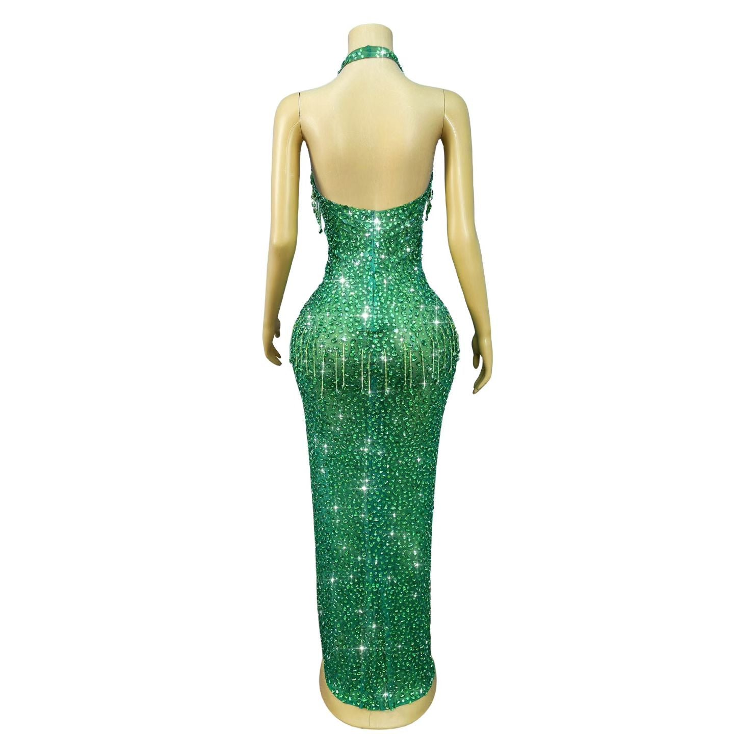 CELESINYI Wulongweibo Crystal Fringe Halter Gown