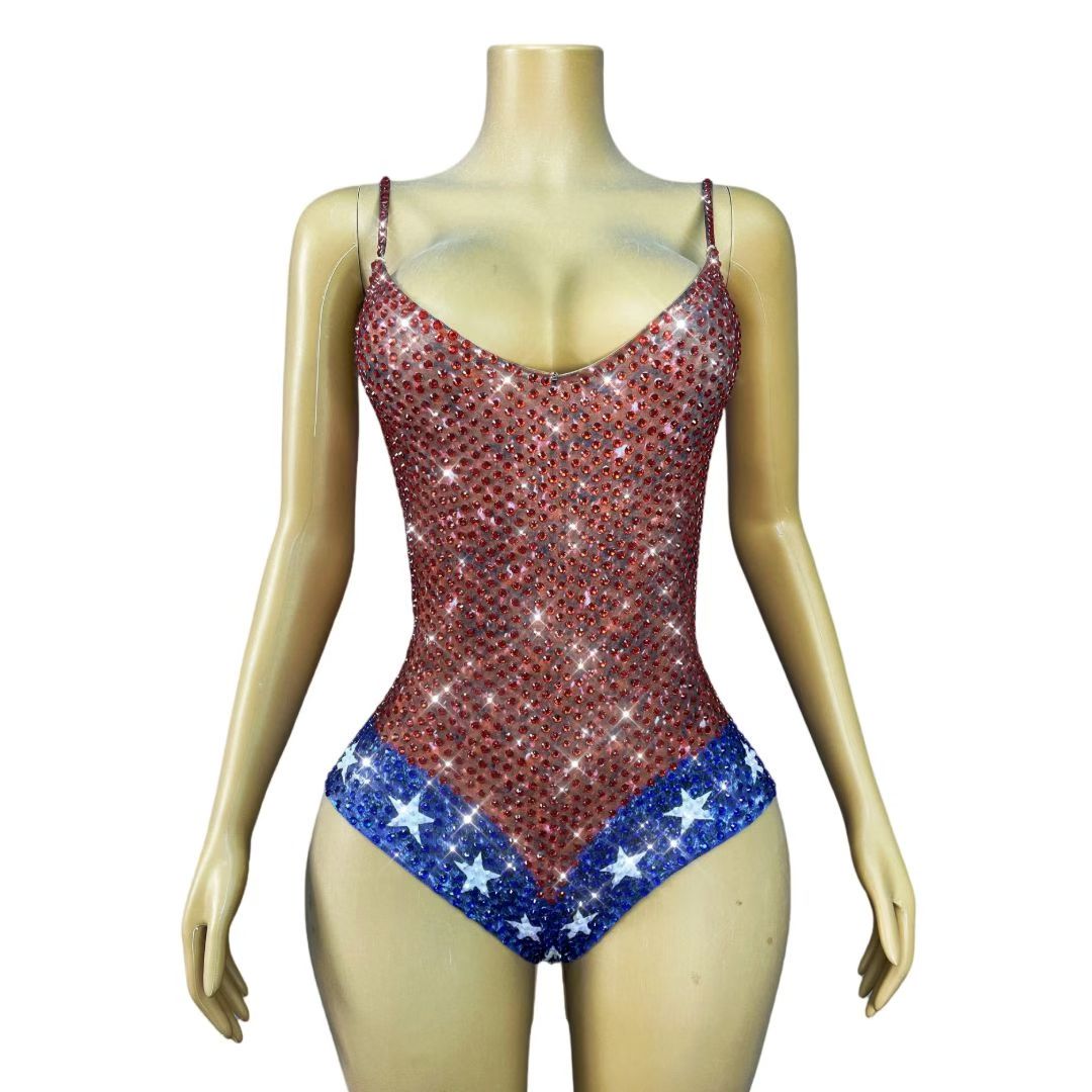 CELESINYI Meilika Crystal USA Flag Bodysuit
