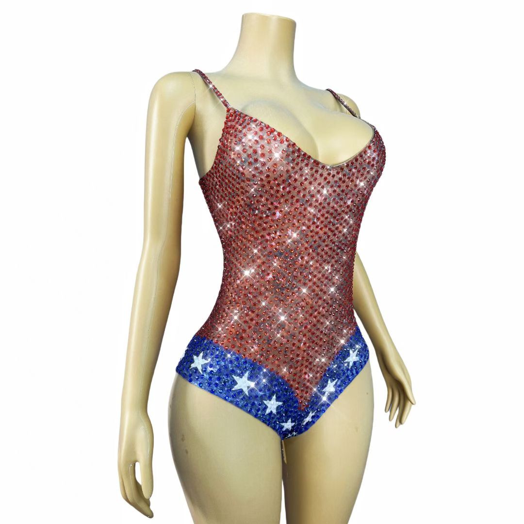 CELESINYI Meilika Crystal USA Flag Bodysuit