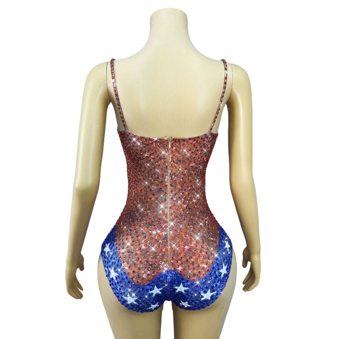 CELESINYI Meilika Crystal USA Flag Bodysuit