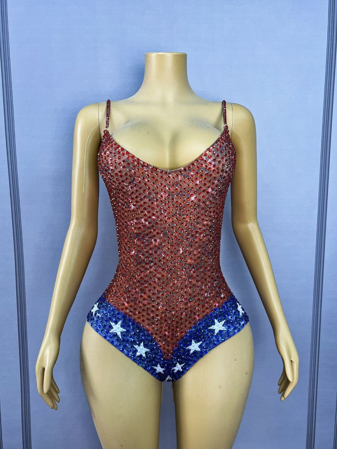 CELESINYI Meilika Crystal USA Flag Bodysuit