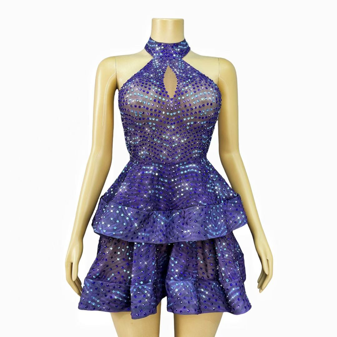 CELESINYI Zibowen Crystal Purple Ruffle Mini Dress