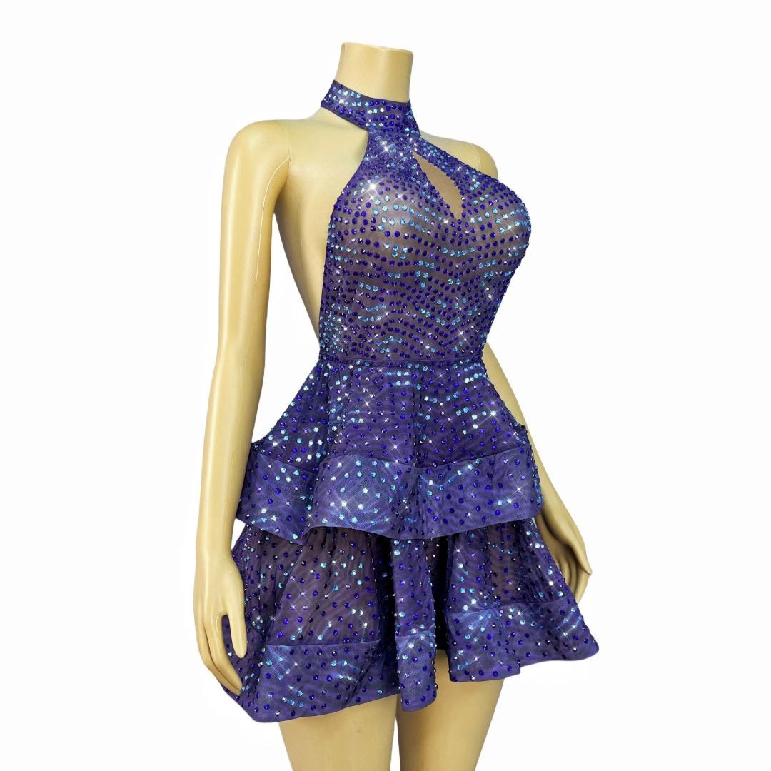 CELESINYI Zibowen Crystal Purple Ruffle Mini Dress