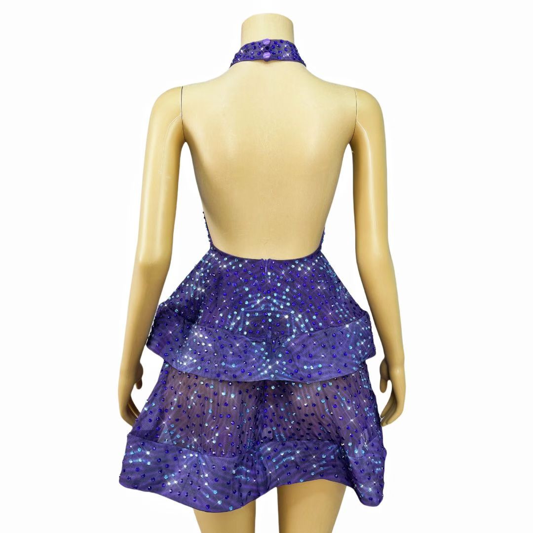 CELESINYI Zibowen Crystal Purple Ruffle Mini Dress