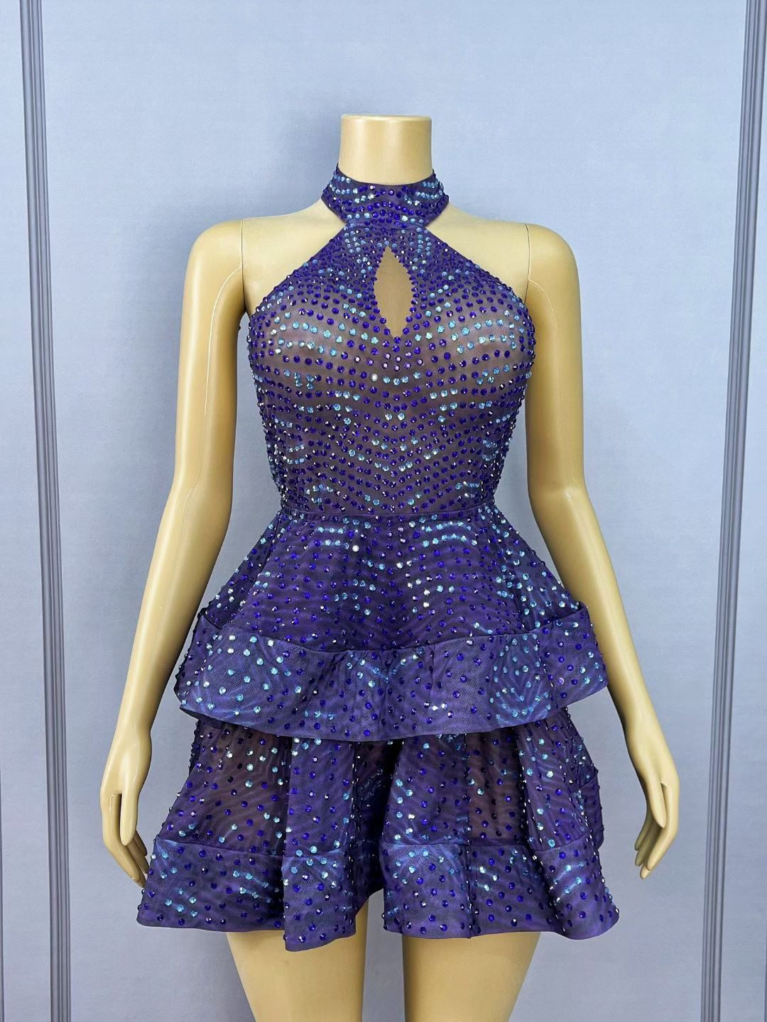 CELESINYI Zibowen Crystal Purple Ruffle Mini Dress