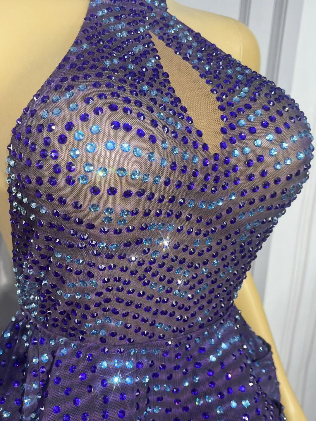 CELESINYI Zibowen Crystal Purple Ruffle Mini Dress