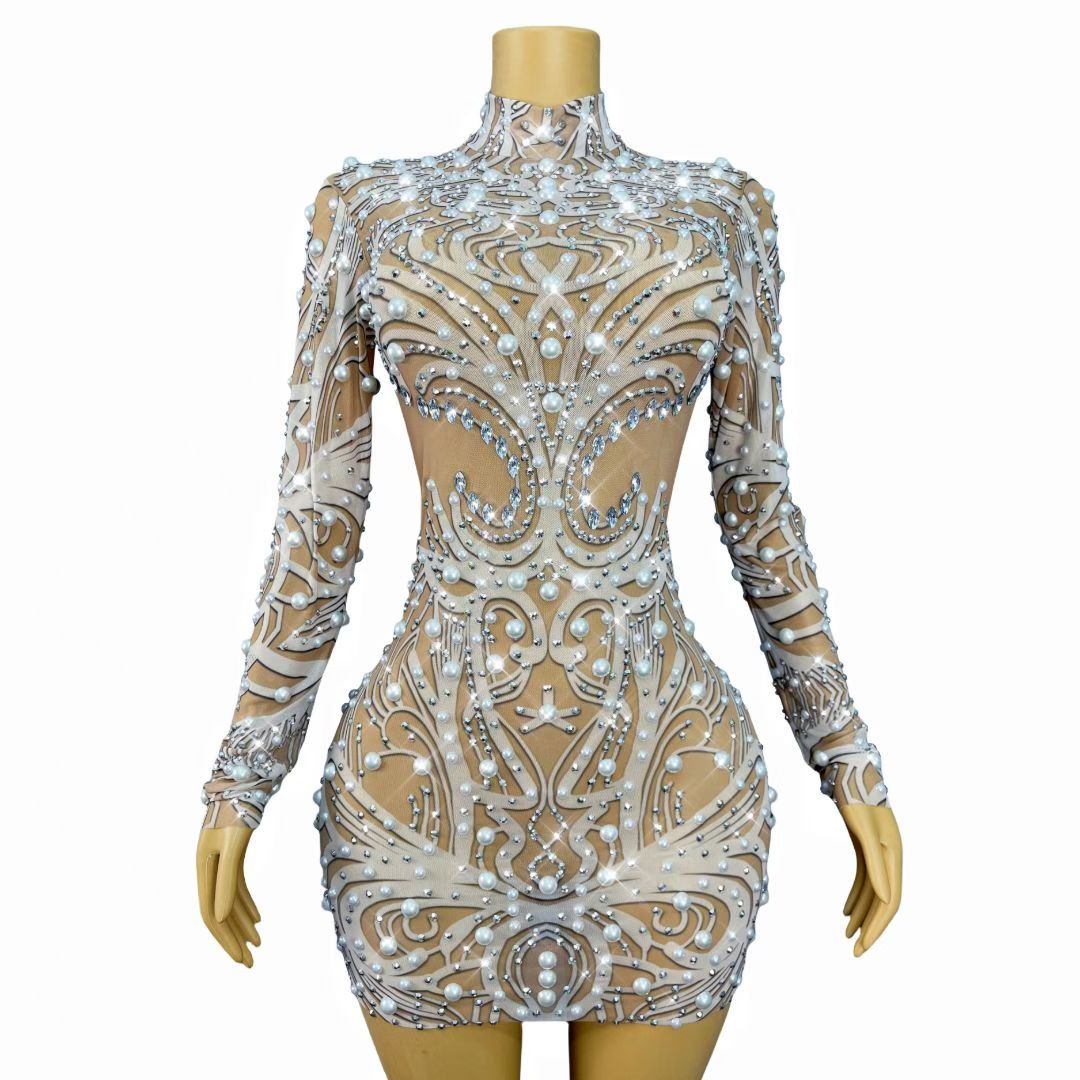 CELESINYI Xuehuabing Crystal Pearl Baroque Mini Dress