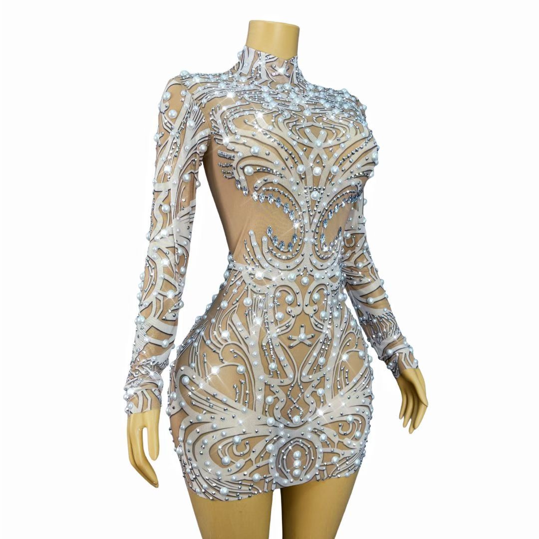 CELESINYI Xuehuabing Crystal Pearl Baroque Mini Dress